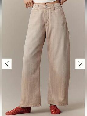 Anthropologie Pilcro High Rise Carpenter Barrel Jeans Striped Tan Ivory Women 26